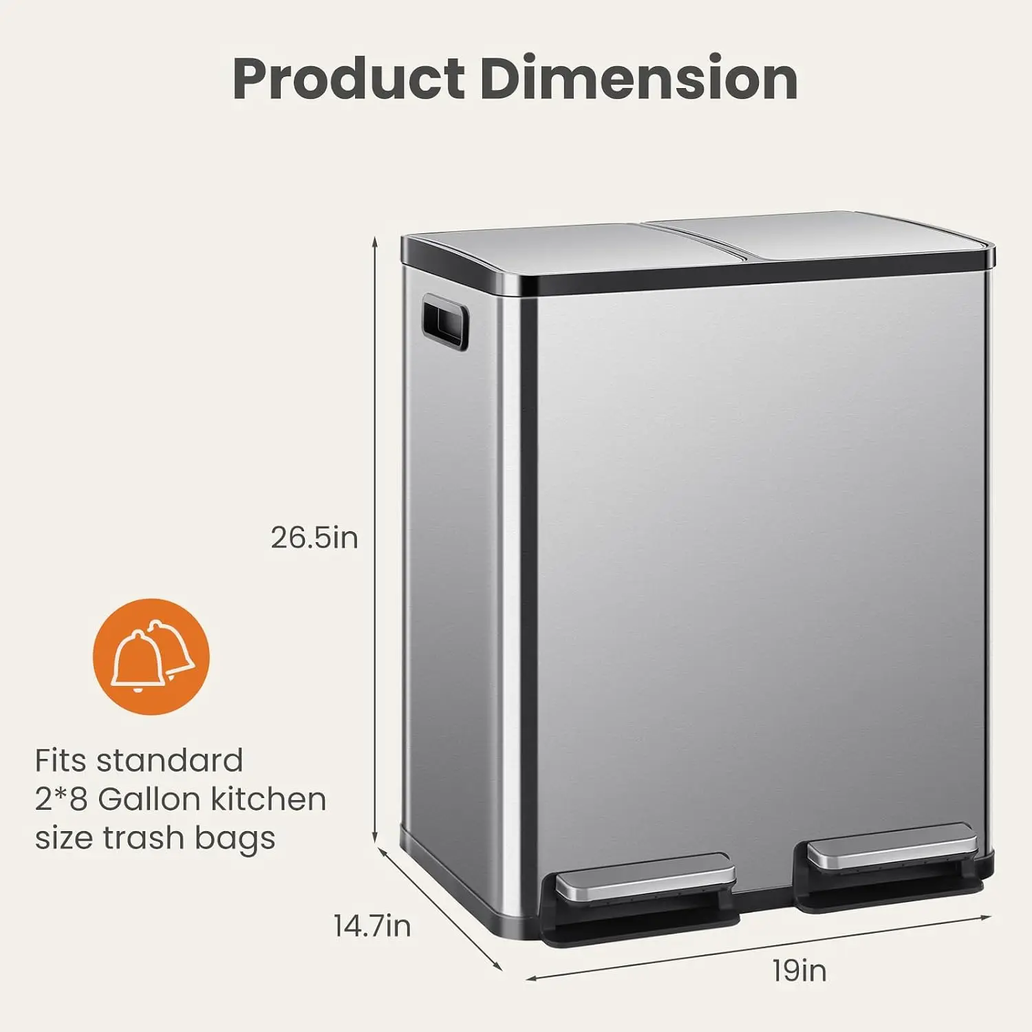 ^Kitchen Trash Can with Lid, 2 x 8 Gallon Garbage Can, with Soft-Close Foot Pedal and Removable Inner Bucket, 60 Liter Large