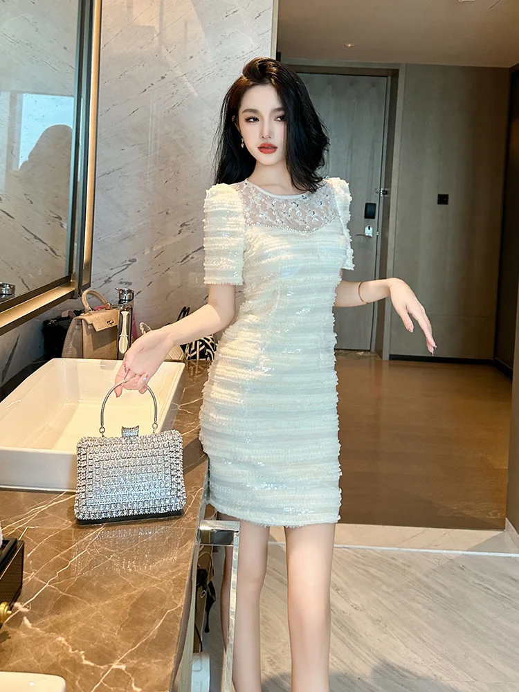 Rich daughter petite skirt summer new French round neck sequined slim dress for women