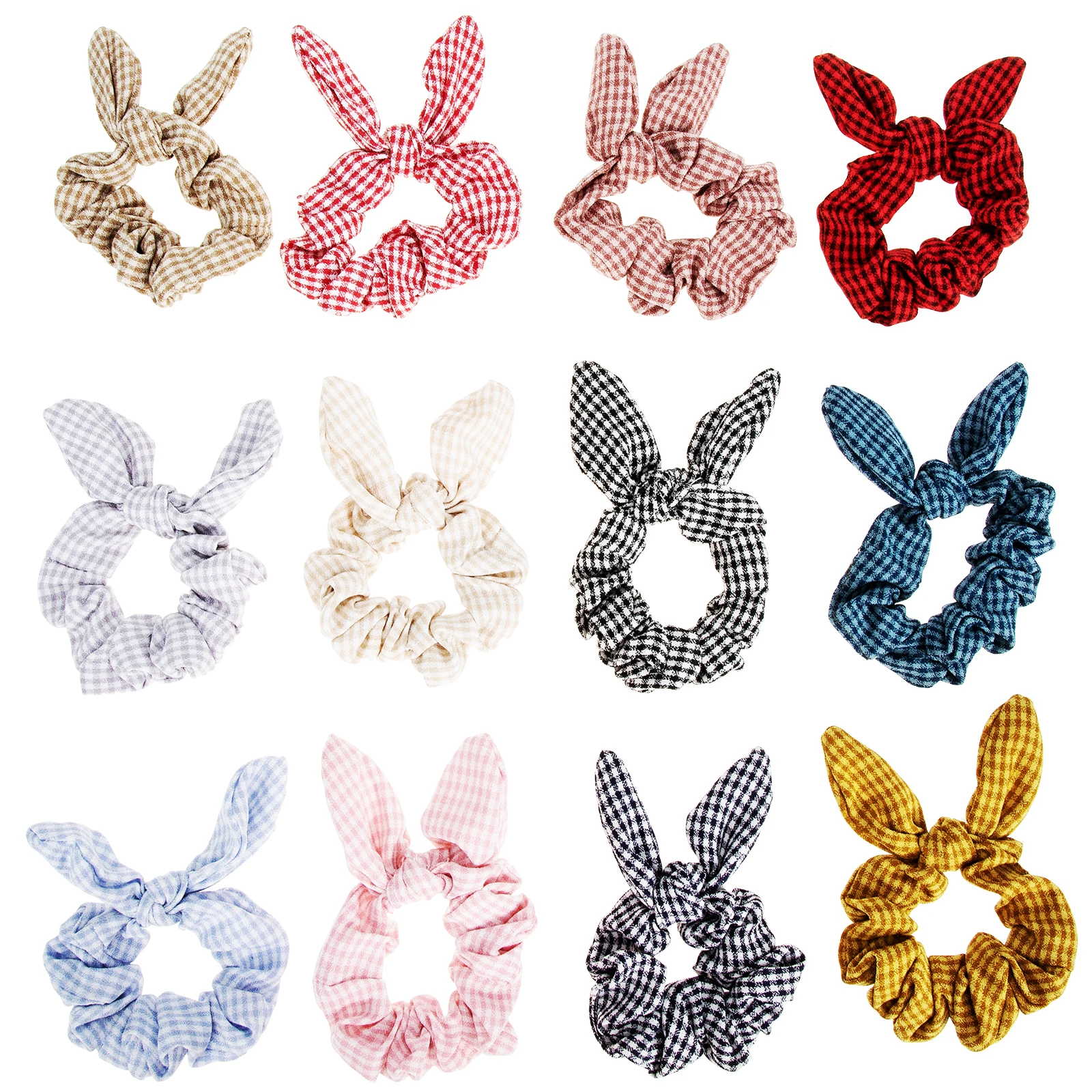 

12pcs Bunny Ear Hair Rings Comfortable Elastic Bands Plaid Cloth Accessories Stylish Hair Ties Decorations Durable Premium