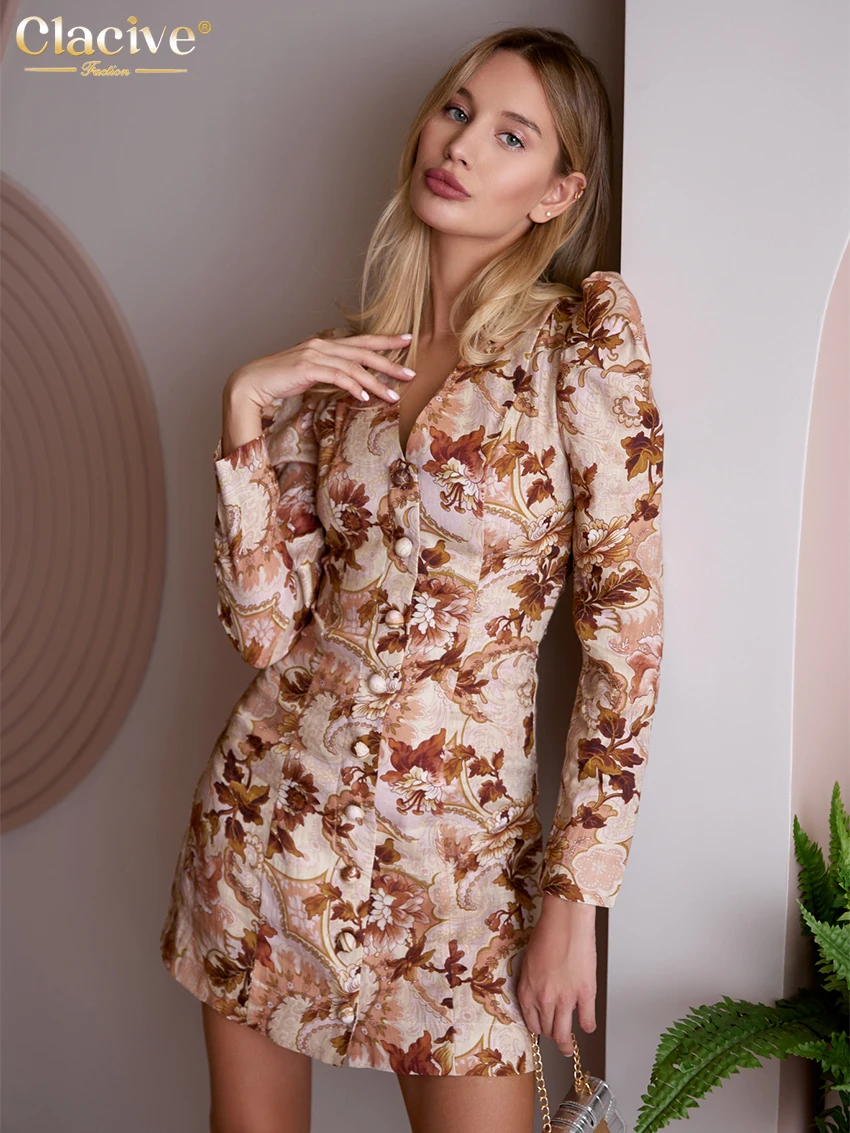 

Clacive Fashion Loose Print Women's Dress 2026 Vintage V-Neck Long Sleeve Mini Dresses Elegant Classic Female Dress Streetwear