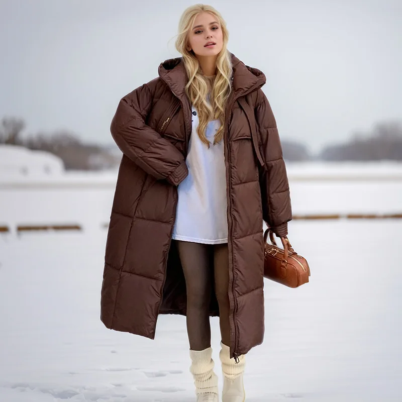 

Women's Winter Quilted Jacket Patchwork Ruffled Zipper Drawstring Windproof Hooded Lady's Coat Long Over-the-knee Top For Female