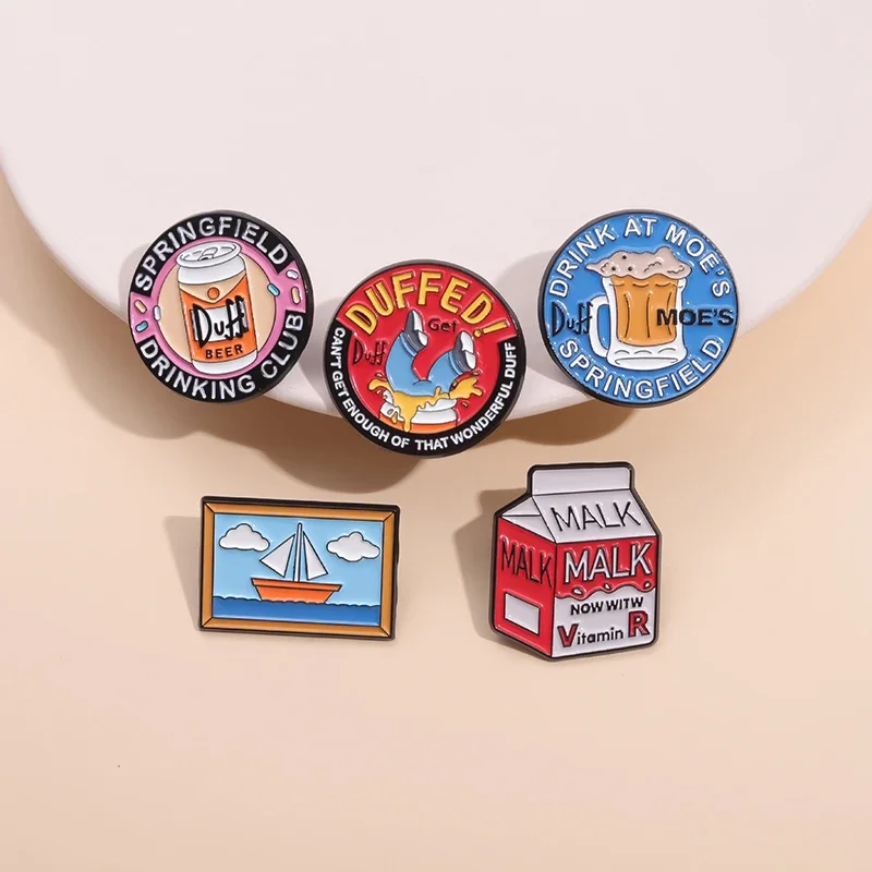 5PCS/SET Spring Field Drinking Club Enamel Pins Custom Beer Coke Milk Sailing Trip Brooches Lapel Badges Funny Jewelry Wholesale