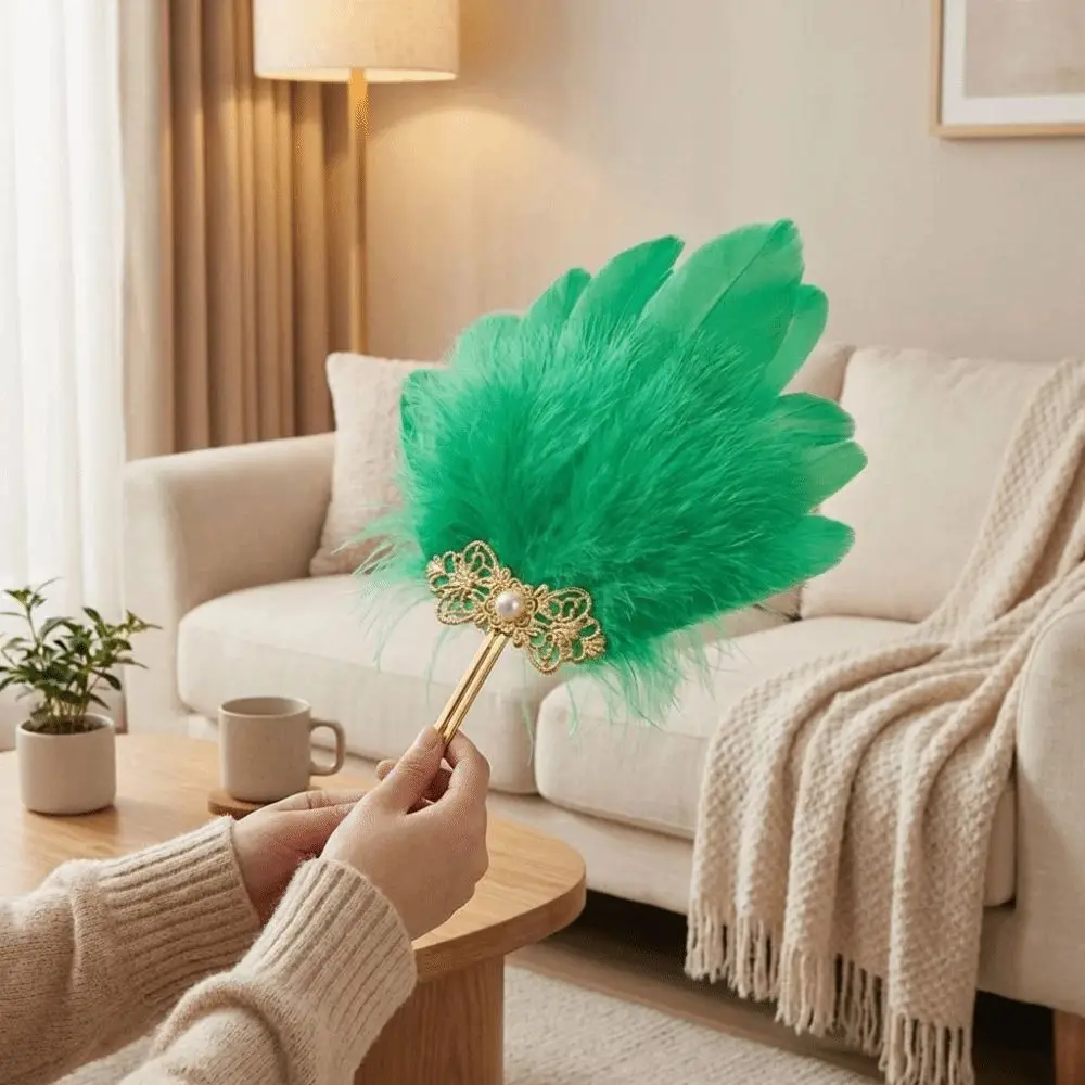 Gold Handle Feather Hand Fan Vintage Ornate Fairy Fan Handheld Fan Chinese Style Colorful Fluffy Feather Fan Wedding Party
