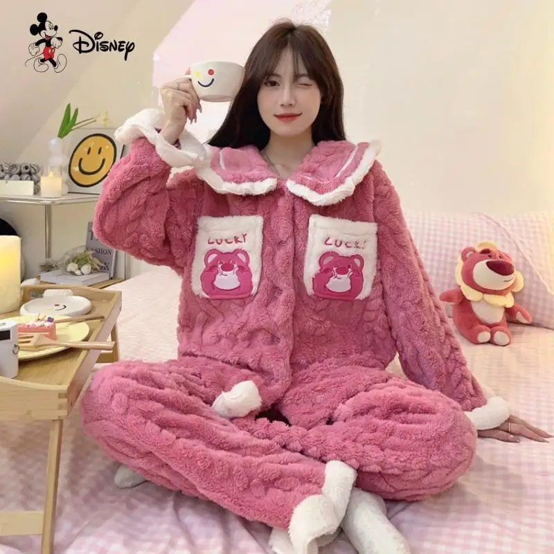 

Women's Stitch Doll Collar Warm Home Clothes Set New Winter Cartoon Thickened Princess Style Long-Sleeved Pajamas Two Piece Set