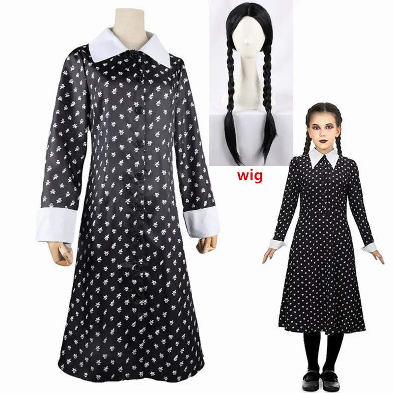 Halloween Kids Wednesday Cosplay Costume Woman Girl Addams Morticia Cosplay Dress Outfits Vintage Black Gothic Printing Clothes