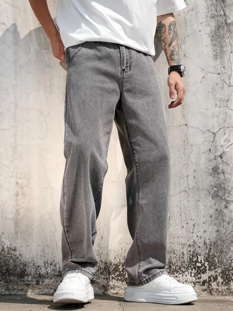 

New Fashion Grey Jeans Mens Washed Casual Straight Loose Denim Pants Streetwear Korean Nostalgia Classic Trendy Jean Trousers