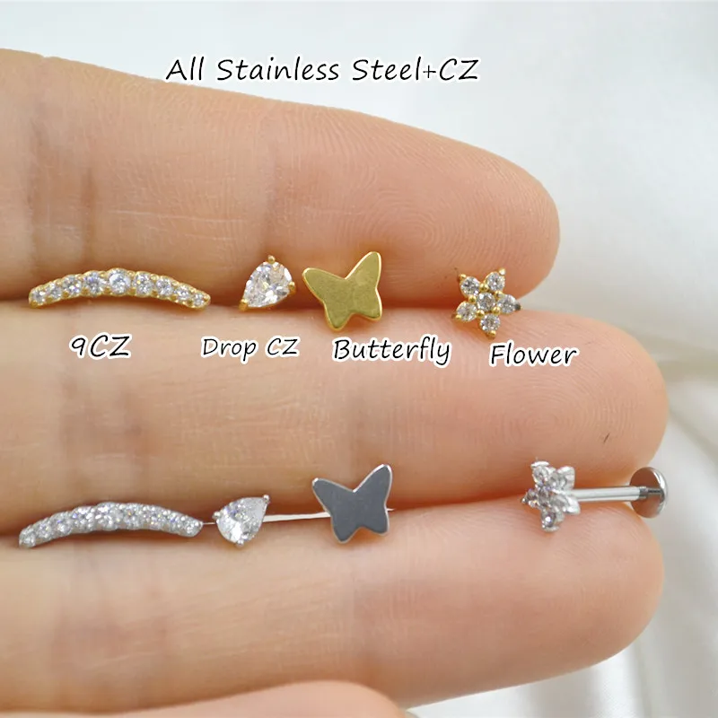 

20pcs/Lot Body Jewelry 16G Flowers Drop CZ Gems Stainless Steel Lip Bar piercing Labret ring Ear Helix Cartilage Stud New