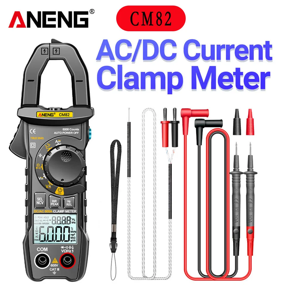 

ANENG CM82 Digital Clamp Meter DC/AC Current Voltage 6000 Counts Multimeter Ammeter Tester Car Amp Hz Capacitance NCV Ohm Test