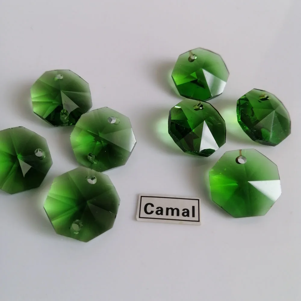 Camal 20pcs Green 14mm Crystal Octagonal Loose Beads 1/2Holes Prisms Chandelier Lighting Lamp Parts Curtain Wedding Home Decor