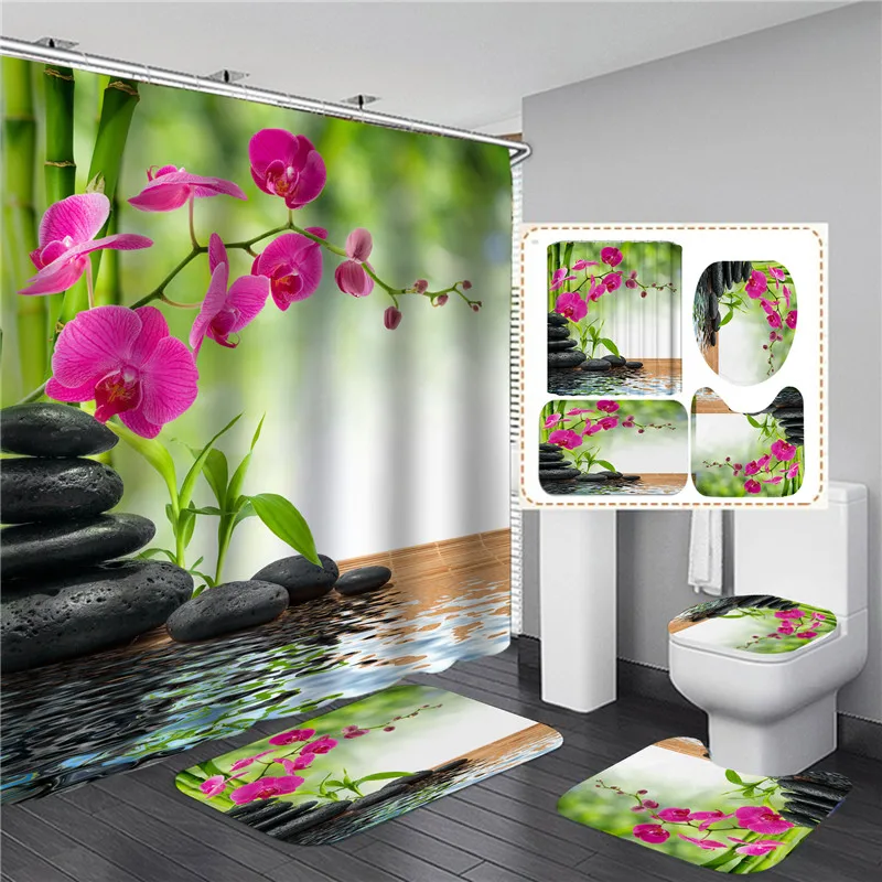 

Green Bamboo Black Zen Lake Stones Shower Curtain Set Non-Slip Rug Toilet Lid Cover Bath Mat Candle Lotus Bathroom Decor Curtain