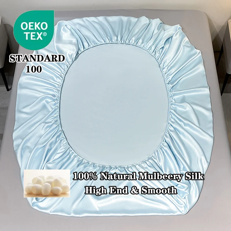 Natural 100% Mulberry Silk Fitted Sheet Luxury Mattress Cover Single Double King Queen Size High End Bed Cover Customized Size
