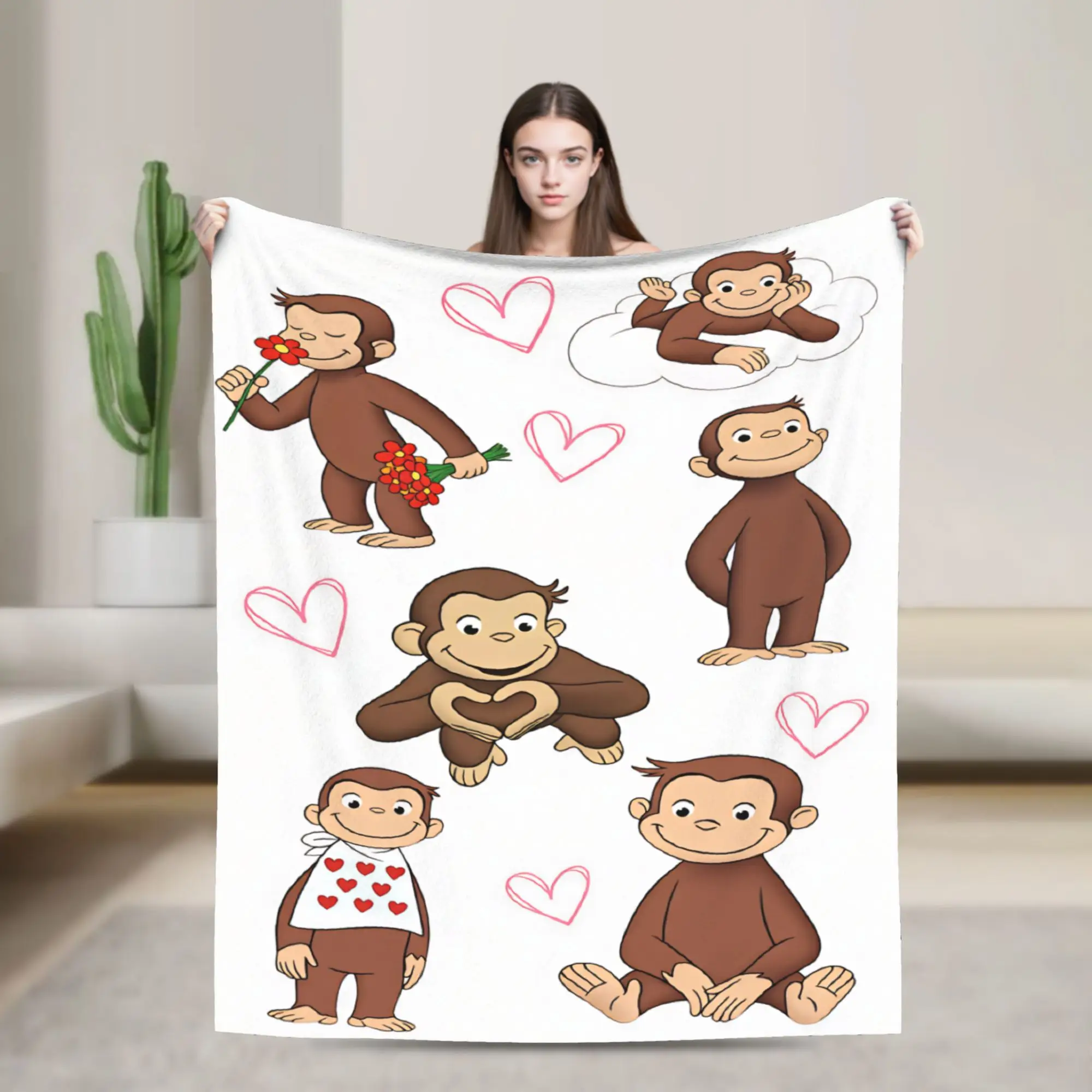 Cozy Throw Blanket Travel Office Curious George Love Heart Flower Cloud Blankets Flannel Bedspread For Outdoor Sofa Bed Cover