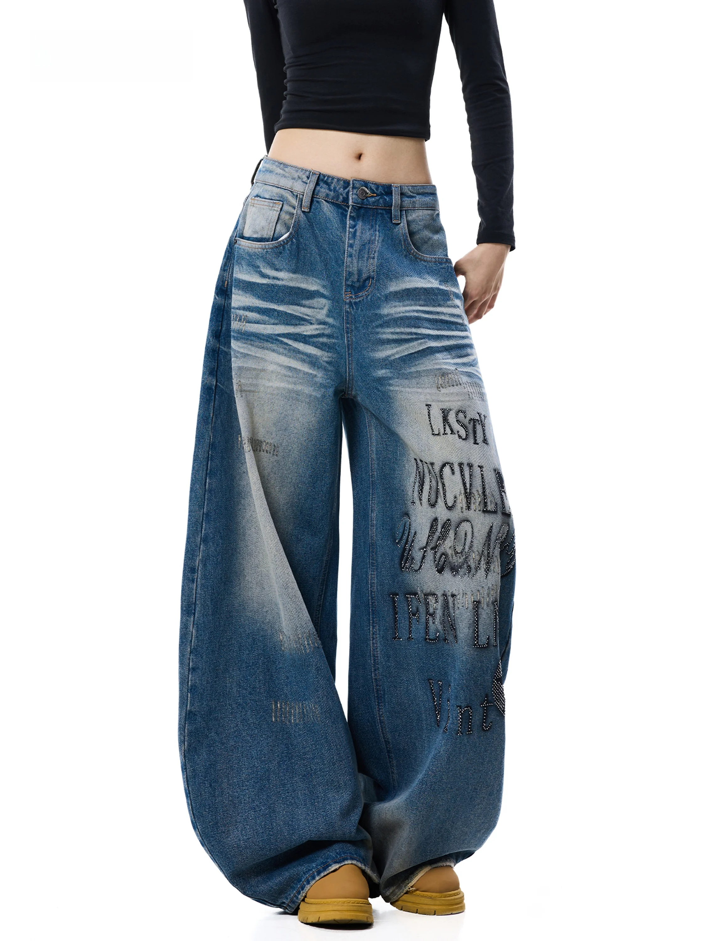 Fall Vintage Washed Rhinestone Wide Leg Denim Jeans Women Loose Slimming American Street Graffiti Design Sense Knife Pants