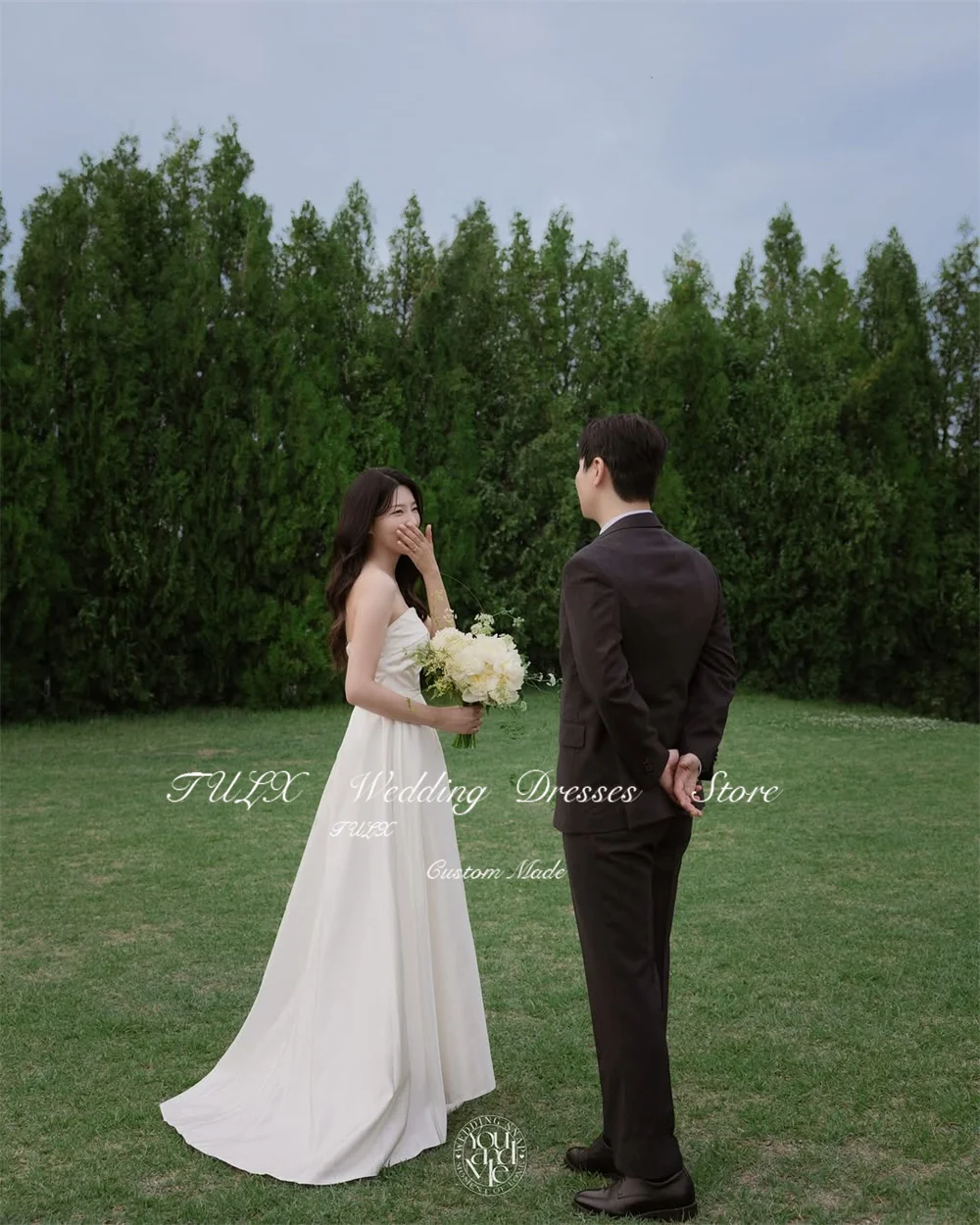 TULX 심플 아이보리 새틴 코르셋 웨딩드레스 한국 사진 촬영 스트랩리스 플리츠 A라인 롱 브라이덜 가운 맞춤 제작 웨딩드레스