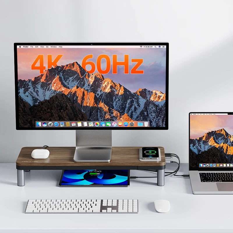 Подставка для монитора CABLETIME с USB-C-концентратором, док-станция 9 в 1, HDMI, 4K60 Гц, PD100W, RJ45, беспроводная зарядка для Macbook, ПК, ноутбука, настольный держатель