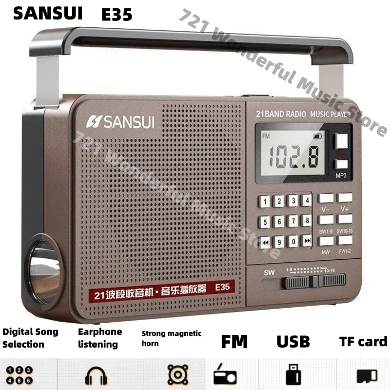 SANSUI E35 FM/AM/SW Full Band Radio Digital High Quality Retro Radio High Fidelity USB Music Player Speaker Bass LED Flashlight