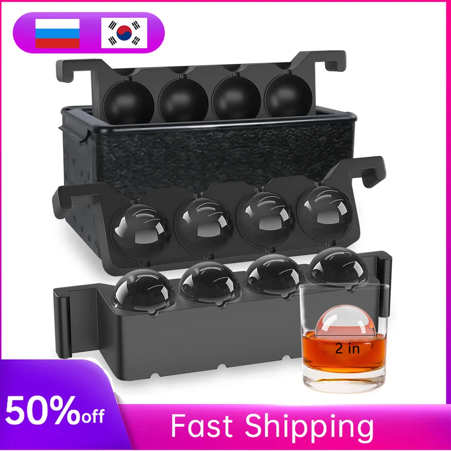 Eco-Friendly Clear Ice Ball Maker Mold 8pcs Silicone Whiskey Tray Mould Bubble-Free Ice Cube Maker 2 Inch Ice Box Mold YX33FC