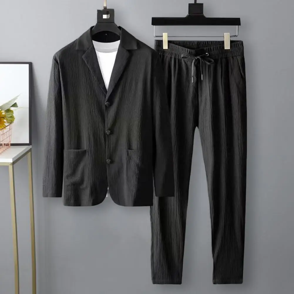 Spring Summer Men Blazer Pants Long Sleeve Stripe Pleats Jacket Drawstring Pants Casual Suit Korean Slim Two-piece Set