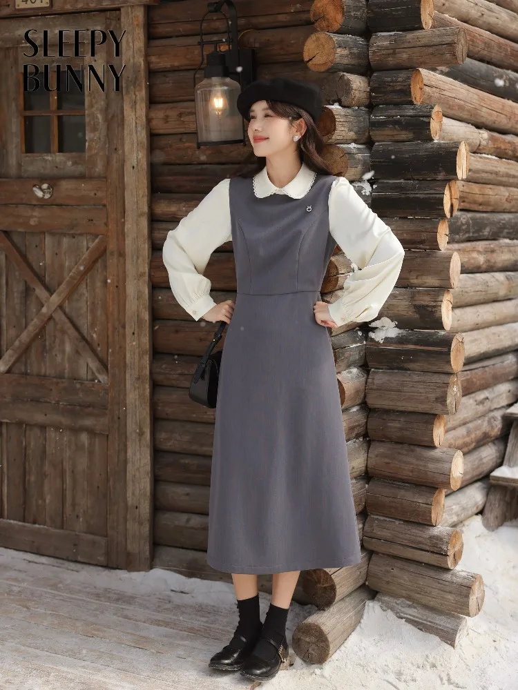 

Women’s Fake Two Piece Lapel Dress Spring Long Sleeve High Waist Slim A Line Maxi Gown Office School Casual Wear Elegant Preppy