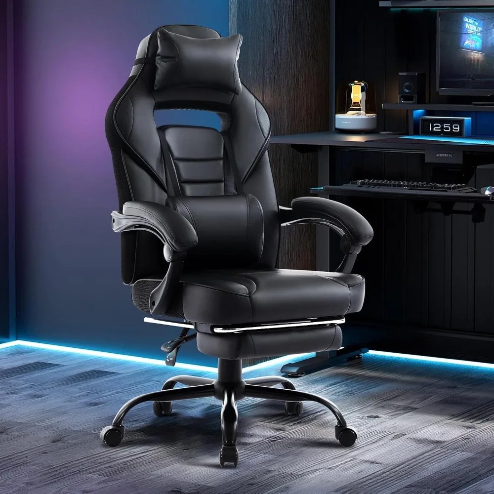 Silla de Juego Ergonómica con Respaldo Alto 360 ° Sillas de Oficina Giratorias de Cuero PU con Reposapiés Retráctil, Soporte Lumbar y para la Cabeza, para Oficina en Casa, Juegos y Transmisiones en Vivo