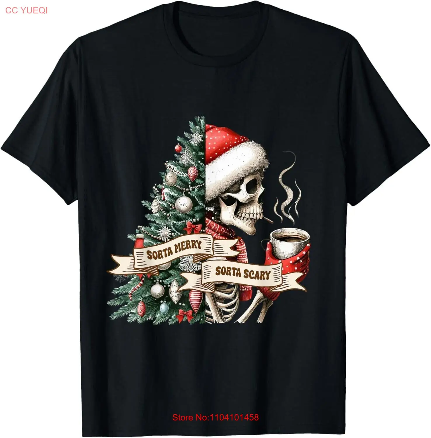 Santa Skeleton Drink Cofee Christmas Tree T-Shirt