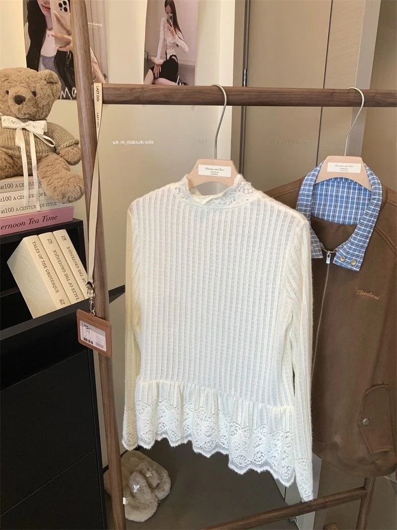 

Шикарный вязаный длинный кружевной повседневный свитер с высоким воротником для похудения, универсальный базовый слой для женщин, осенне-зимняя мода...