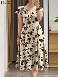 ZANZEA Casual Ruffle Sleeve Party Sundress Cinch Waist Fashion V Neck Floral Print Midi Dress Women 2024 Summer A-line Vestidos