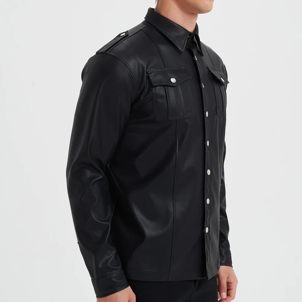 Men\'s Fashion PU leather shirt Elastic PU leather Police shirt long sleeve