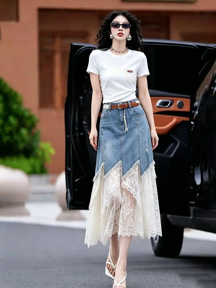 

Unique Beautiful Lace Splice Summer Short Sleeve T-Shirt And Denim Skirt Two-Piece Set for Women Slimming Youthful Fashion