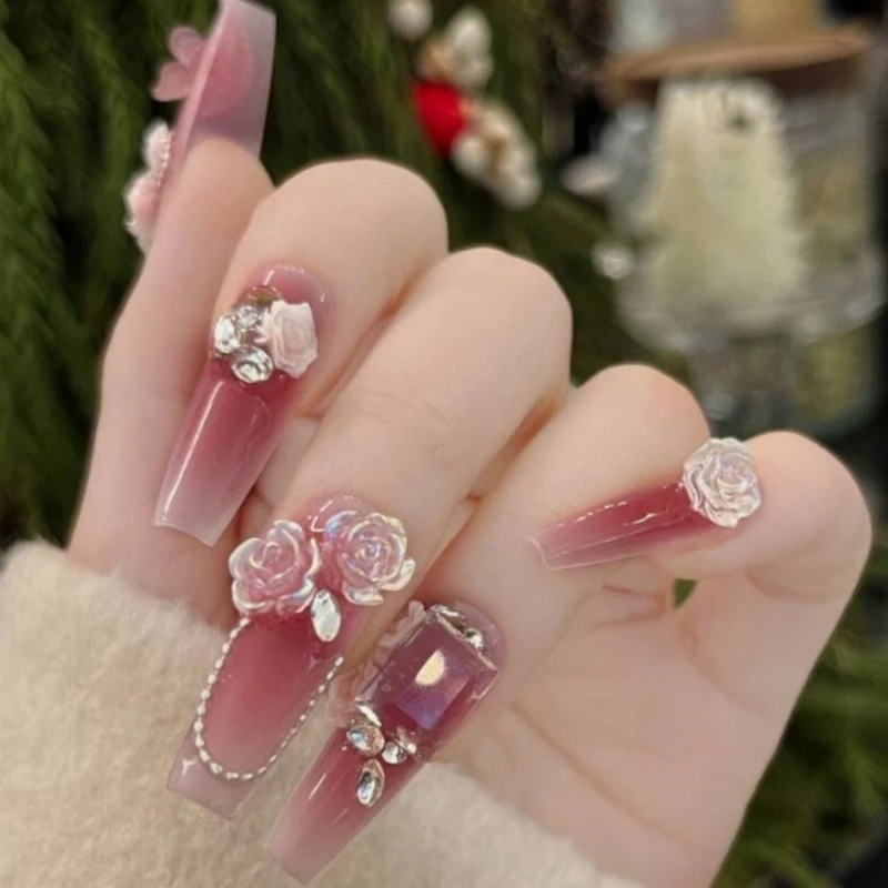 10Pcs Long T-shaped Handmade Wearing Armor Y2K Silver Chain Butterfly Pink Camellia Sparkling Diamond DIY Nail Charm