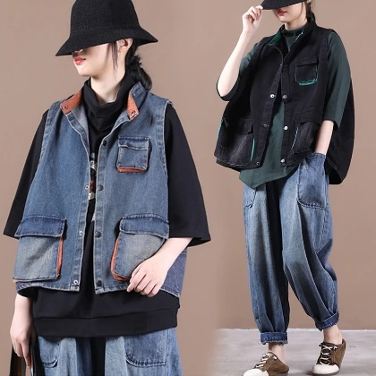 

Women's Loose Large Size Waed Denim Vest Jaet Autumn New Sle Multi-ket Slimming Trendy Faion Commute Sle