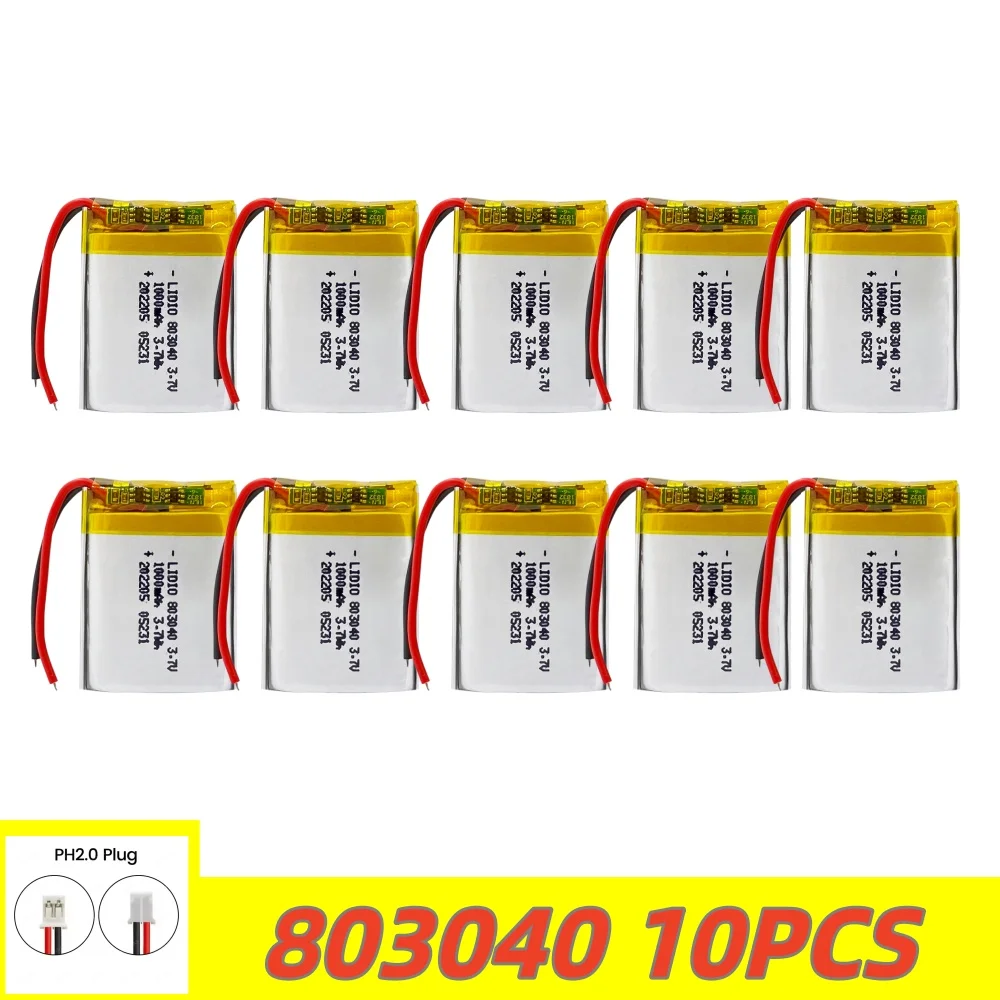 2-10pcs 3.7V 1000mAh 803040 Polymer Lithium Rechargeable Battery PH 2.0 2pin plug for GPS navigator MP5 Bluetooth Headset