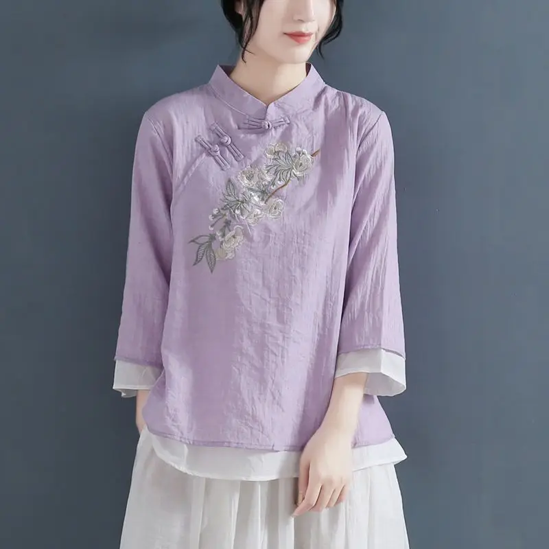 2024 New Elegant Oriental Tang Suit Chinese Blouse For Women Retro Plate Buckle Chinese Stand Collar Hanfu Cotton And Linen Tops