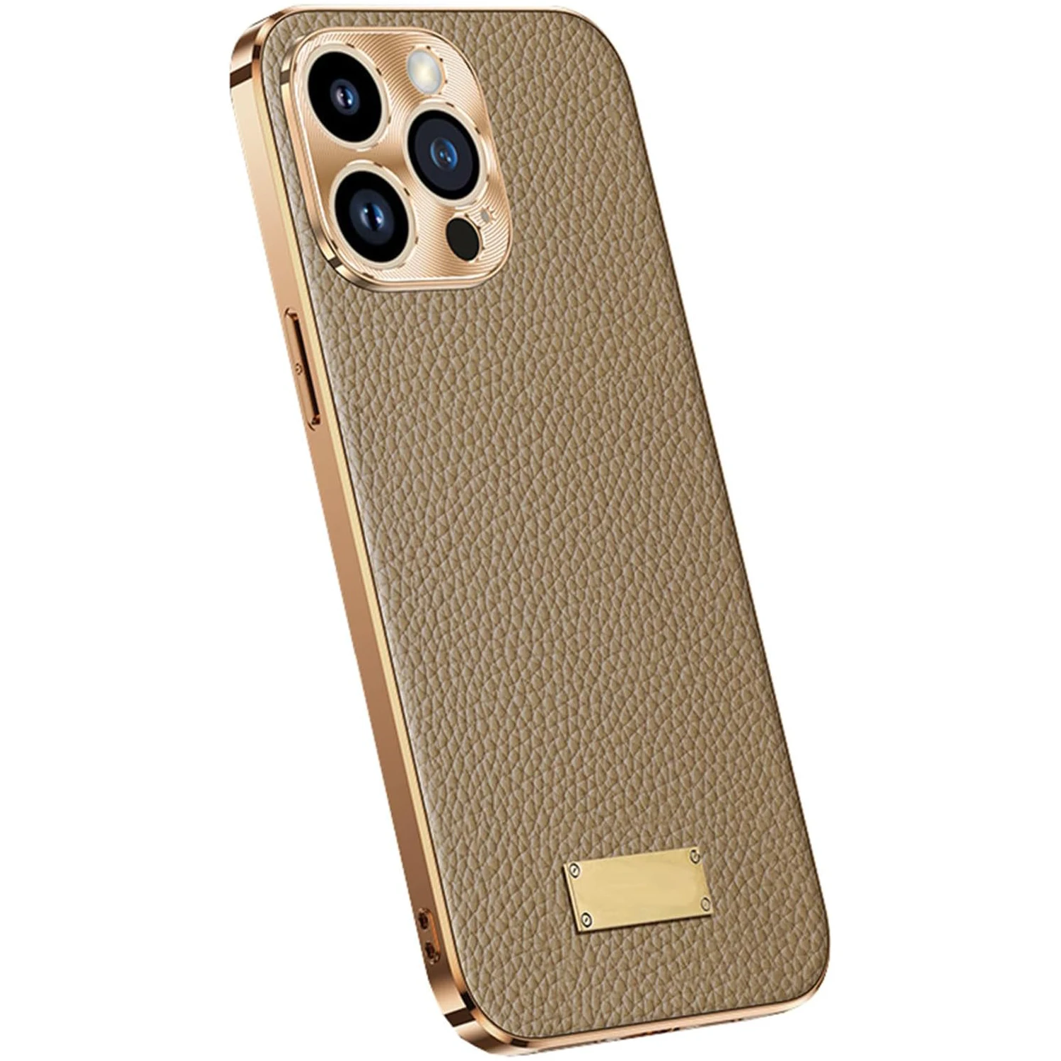 Leather Case for iPhone 15 Series, Electroplated PC Genuine Leather Cover with Lens Protection Ultra Thin Luxury Case