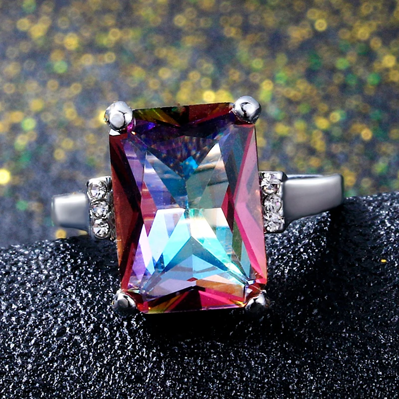 New 10x14MM Mystic Fire Rainbow Topaz Engagement Wedding Ring Silver Rectangle Unique Top Brand Jewelry Accessories