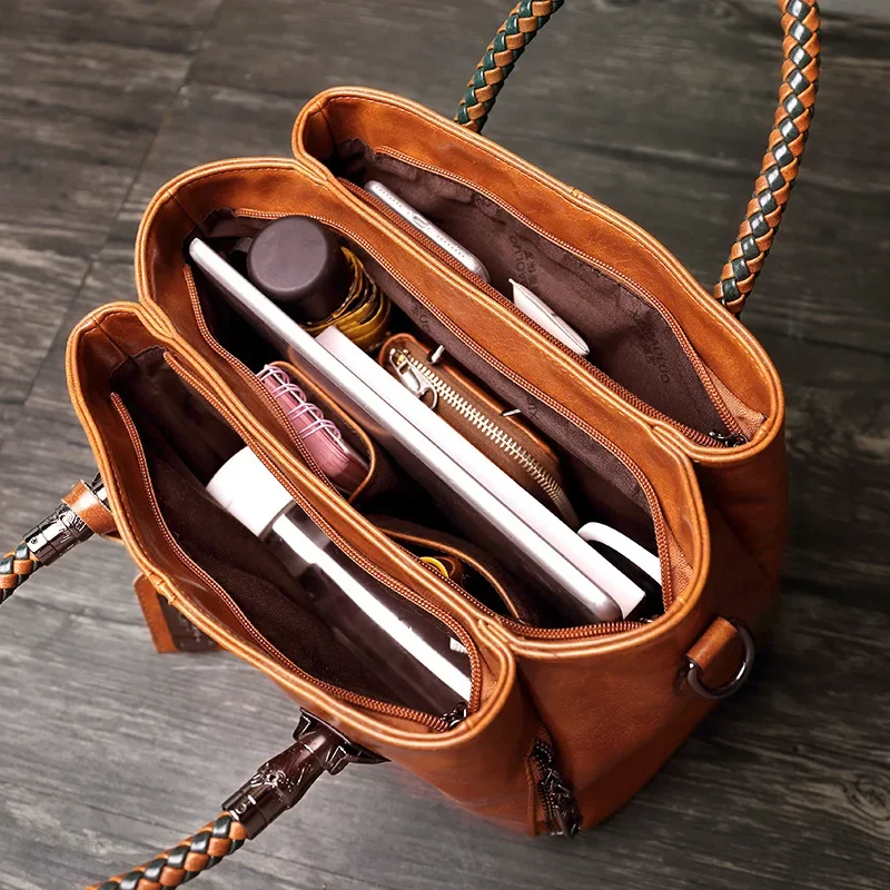 New Retro Female Handbag Soft Leather Shoulder Crossbody Bag Fashionable Three-layer Practical Large Capacity Women's Bag
