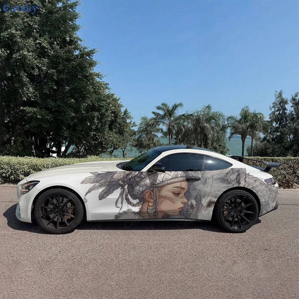 2pcs Native Style Girl & Wolf Car Side Wraps, Self-Adhesive PVC Waterproof & Scratch-Resistant Stickers, Car Accessory Gift