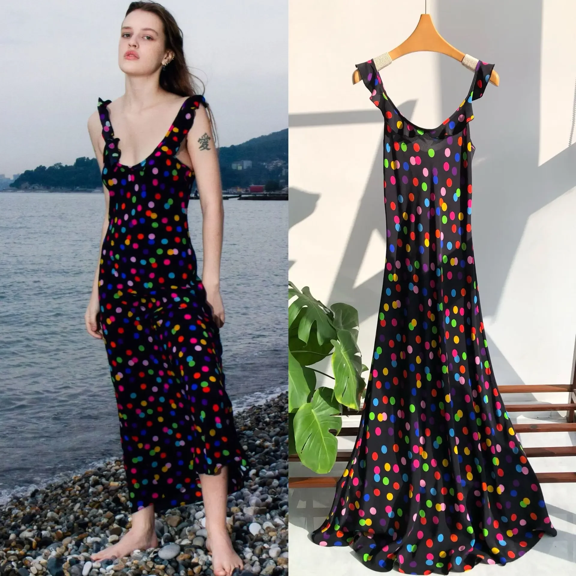 Colorful Polka Dots, French Printed Diagonal Cut Silk, Small Flying Sleeves, Large Hem Dress, Elegant Suspender Long Dress