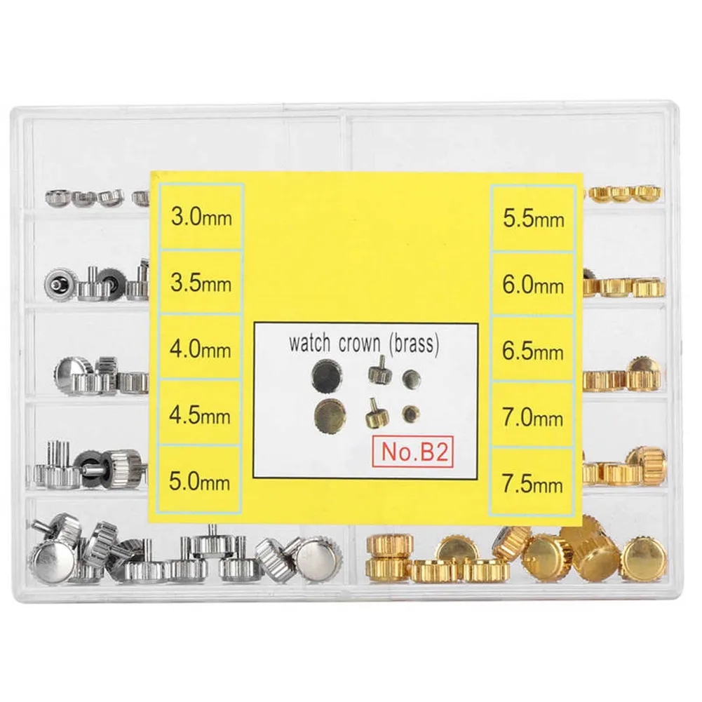 100PCS Alloy Waterproof Watch Crown Head 3.0mm-7.5mm 10 Sizes Assortment Box Silver&Gold Watch Repair Accessories
