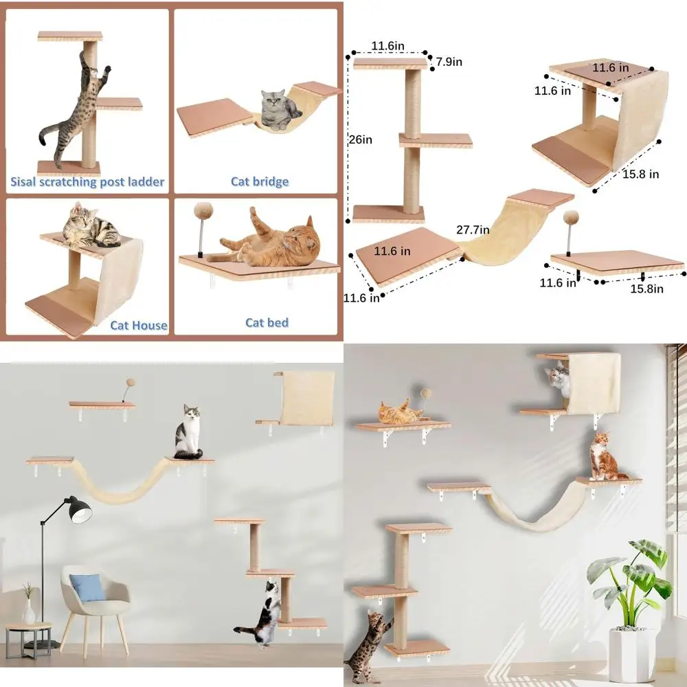

CatShelvesorWall，SolidWoodCatWallurniturewithScratchingPost,Hammock,JumpingBoards,Steps,CondoandeltPads,SuitorCatsClimb,Jump,Nap