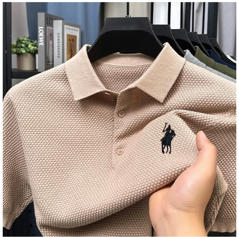 تي شيرت قطني بياقة 2025 صيفي فضفاض للأعمال بأكمام قصيرة وتطريز كاجوال للرجال