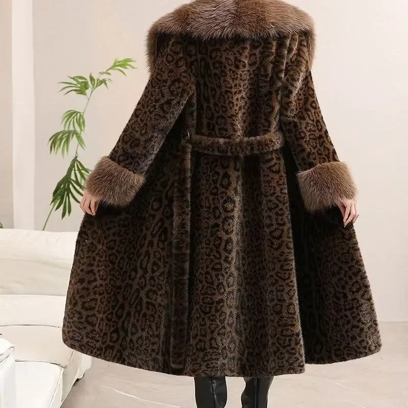 New Leopard Print Fur Jacket Women's Overcoat 2026 Autumn Winter Leather One-Piece Thick Warm Parka Loose Long Fur Collar Jacket