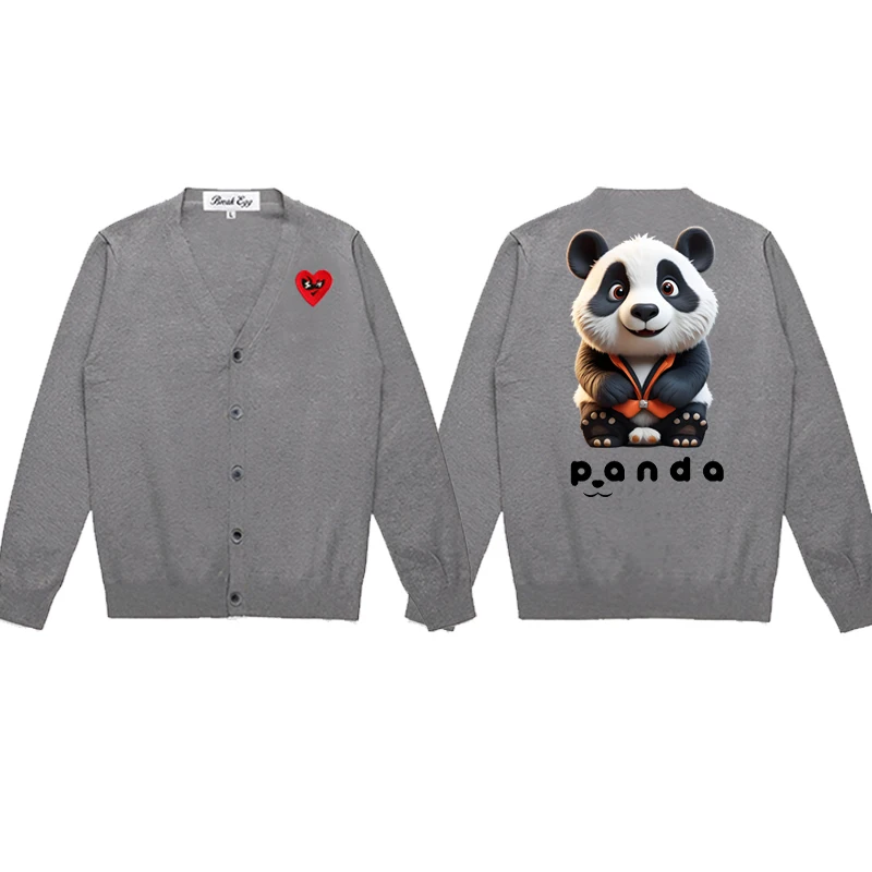 Cute Pandas Colorful Printing Men Cardigan Cotton Red Cute Glasses Heart Embroidery V-Neck Single Breasted Autumn Fit Sweater