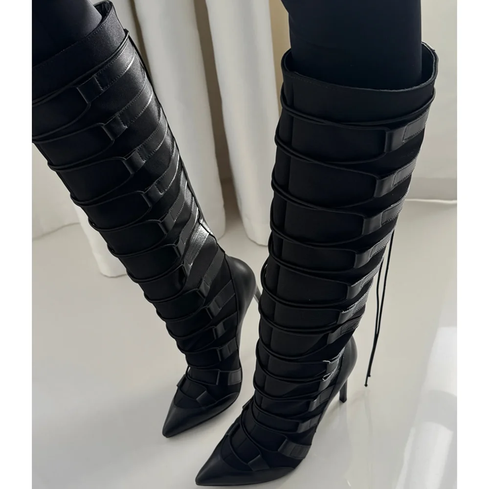 

Вязаные высокие сапоги в стиле пэчворк на шнуровке, пикантные модные женские современные ботинки на толстом каблуке с острым носком и молнией