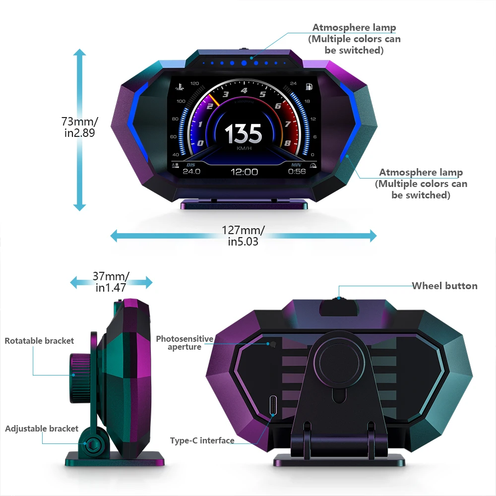 Tachimetro OBD + GPS Display Head Up per auto P24 HUD con 10 funzioni di allarme Contagiri Temperatura dell\'acqua Misuratore di pendenza del consumo