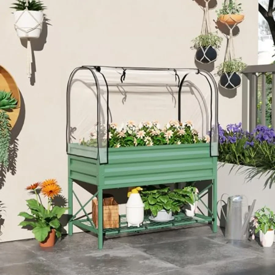 Raised Garden Bed with Cover and Storage Shelf, Green