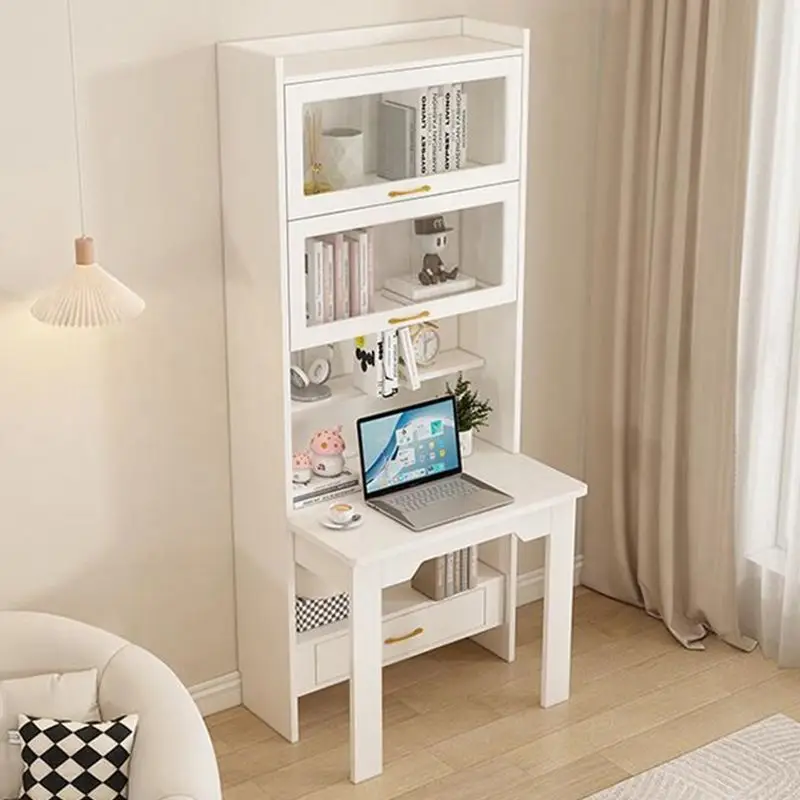 Folding desk bookshelf integrated bedroom one-piece desk cabinet household study table cream wind solid wood