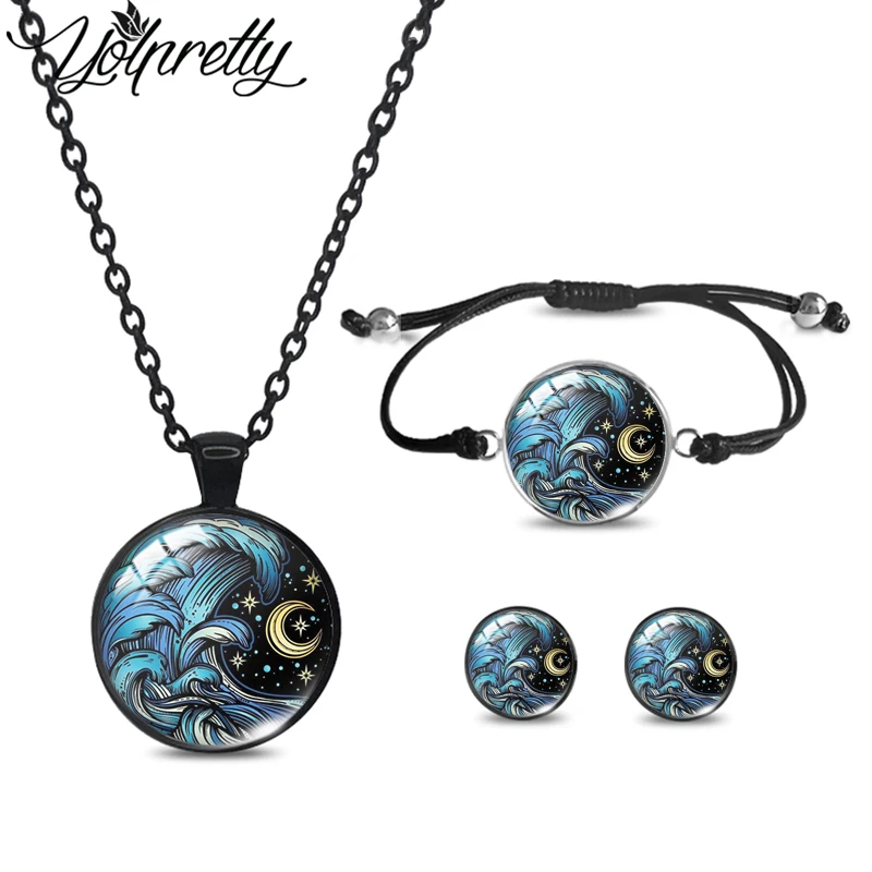 2024 New Planetary Universe Moon Black Necklace Rope Bracelet Stud Earrings Sets Glass Cabochon Jewelry Sets for Women