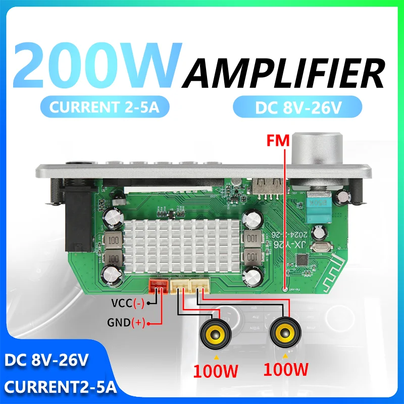 2x100W Stereo Amplifier Digital Audio Receiver Home Theater AMP DC8V-26V Remote Control Included Power Cord & Cable Silver Shell image 2
