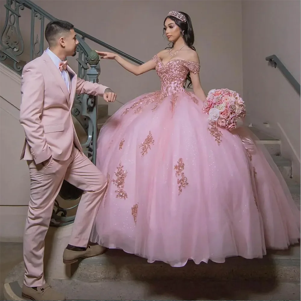 Индивидуальные милые платья 15 16, розовое тюлевое кружевное платье Quinceanera с аппликацией и открытыми плечами, вечерние платья Vestidos De 15 Años